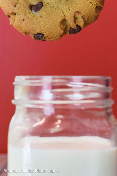 Chocolate Chip Cookie dunked in milk from local creamery