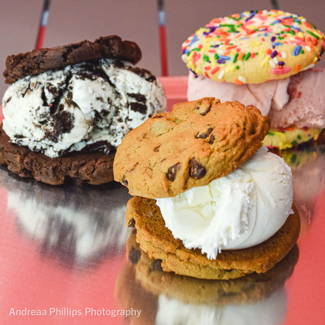 Three Handmade Ice Cream Sandwiches with cookies made from scratch and Ice Cream from local creamery 